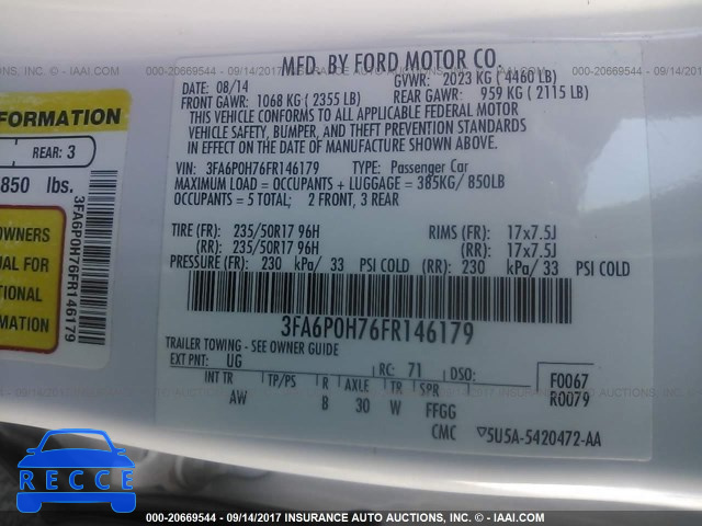 2015 Ford Fusion SE 3FA6P0H76FR146179 зображення 8