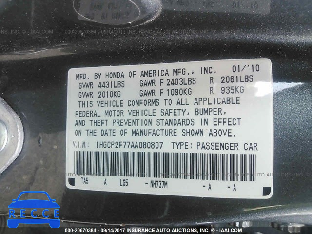 2010 HONDA ACCORD 1HGCP2F77AA080807 Bild 8