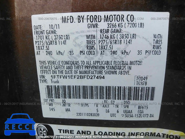 2011 Ford F150 1FTFW1EF2BFD27494 image 8