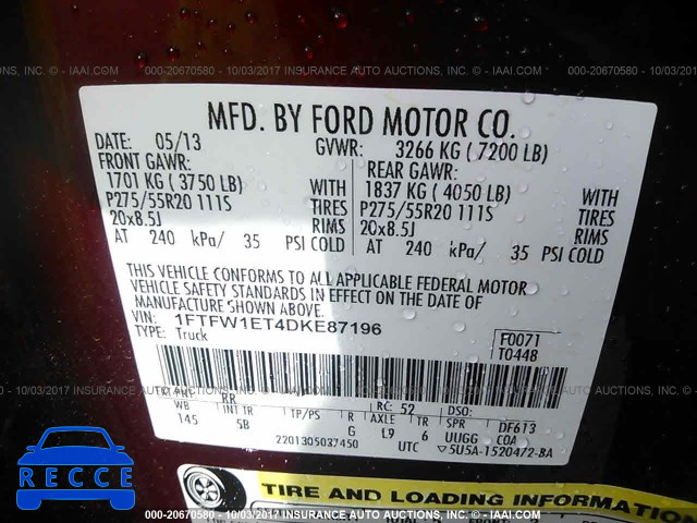 2013 Ford F150 1FTFW1ET4DKE87196 зображення 8