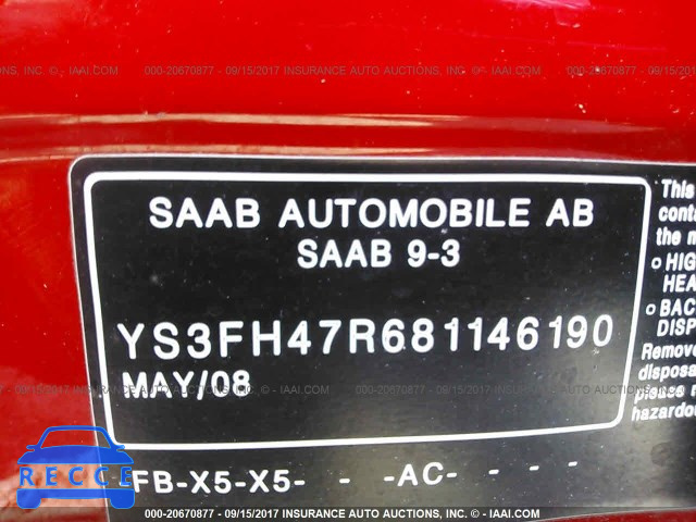2008 Saab 9-3 YS3FH47R681146190 image 8