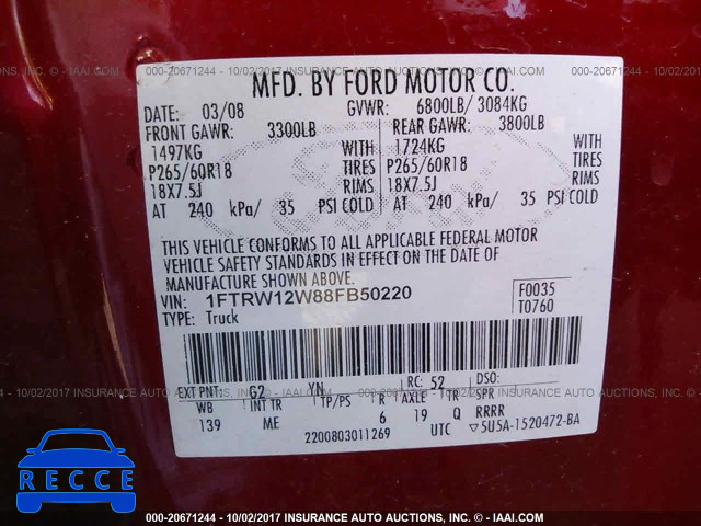 2008 Ford F150 1FTRW12W88FB50220 image 8