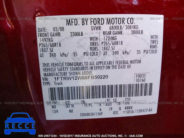 2008 Ford F150 1FTRW12W88FB50220 зображення 8