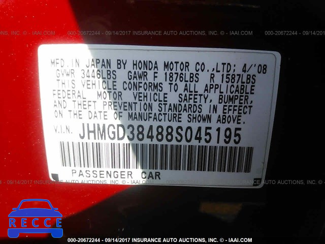 2008 Honda FIT JHMGD38488S045195 image 8