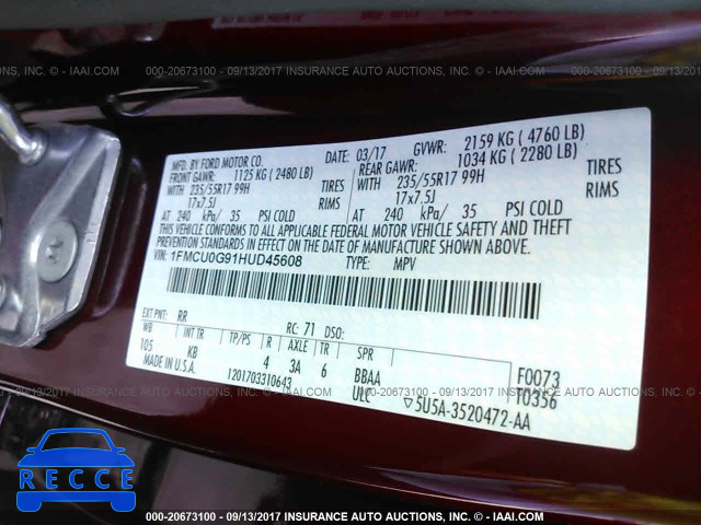 2017 FORD ESCAPE 1FMCU0G91HUD45608 image 8
