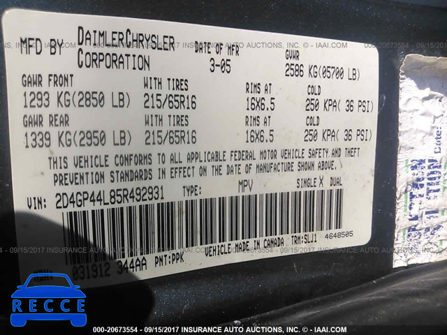 2005 Dodge Grand Caravan 2D4GP44L85R492931 image 8