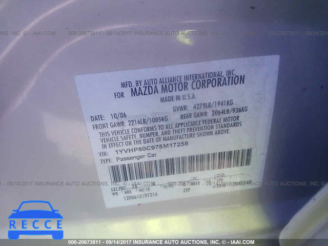 2007 Mazda 6 I 1YVHP80C975M17258 image 8