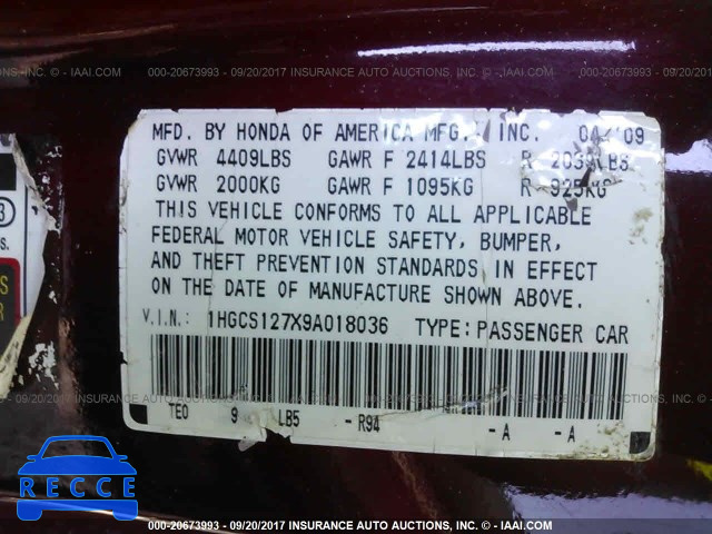 2009 Honda Accord 1HGCS127X9A018036 Bild 8