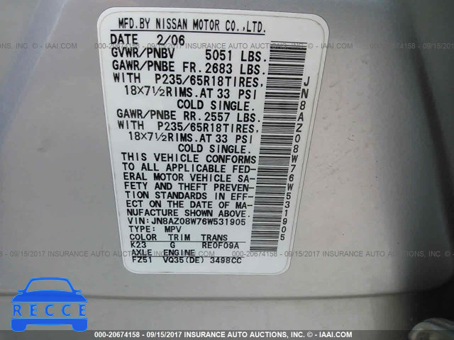 2006 Nissan Murano JN8AZ08W76W531905 Bild 8