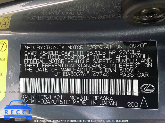 2006 Lexus ES 330 JTHBA30G765147740 image 8