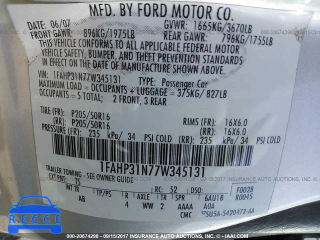 2007 Ford Focus 1FAHP31N77W345131 image 8