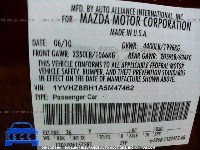 2010 Mazda 6 I 1YVHZ8BH1A5M47462 зображення 8