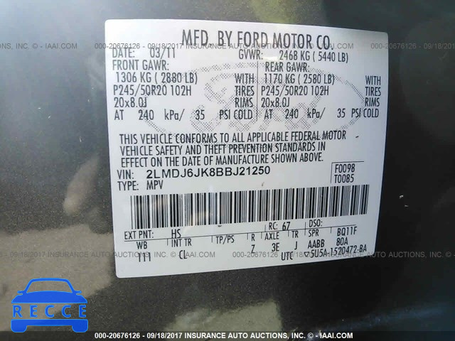 2011 Lincoln MKX 2LMDJ6JK8BBJ21250 Bild 8