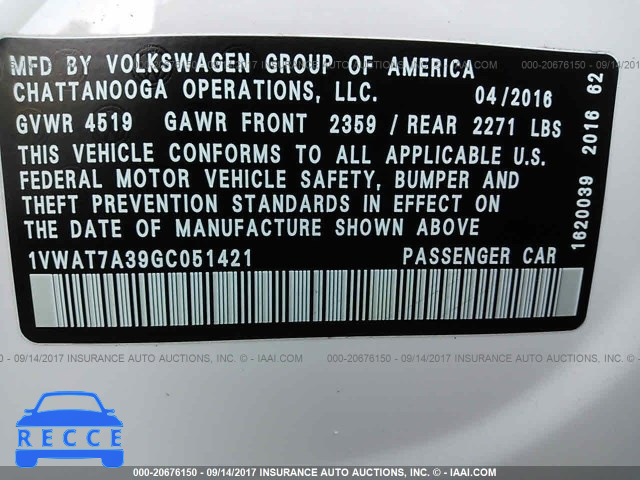 2016 Volkswagen Passat 1VWAT7A39GC051421 зображення 8