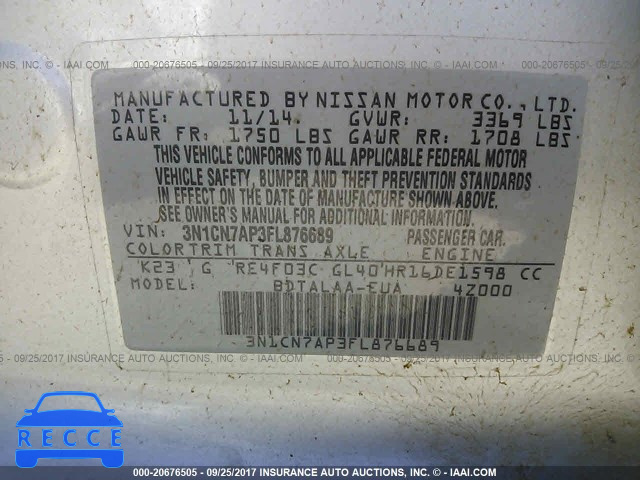 2015 NISSAN VERSA 3N1CN7AP3FL876689 зображення 8