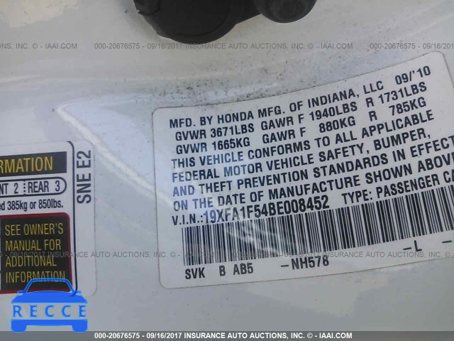 2011 Honda Civic 19XFA1F54BE008452 image 8