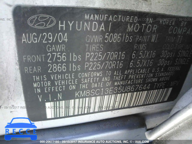 2005 Hyundai Santa Fe KM8SC13E35U867644 image 8