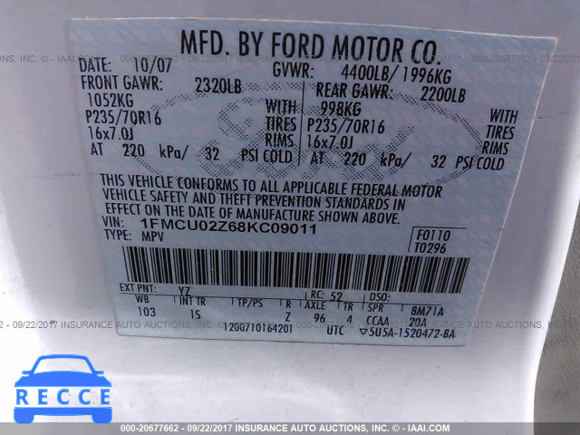 2008 Ford Escape 1FMCU02Z68KC09011 зображення 8