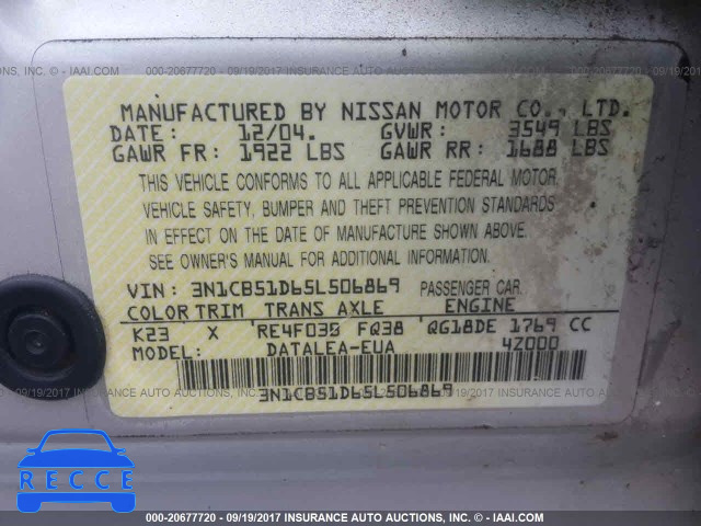 2005 Nissan Sentra 3N1CB51D65L506869 image 8