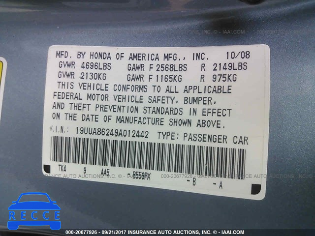 2009 Acura TL 19UUA86249A012442 image 8