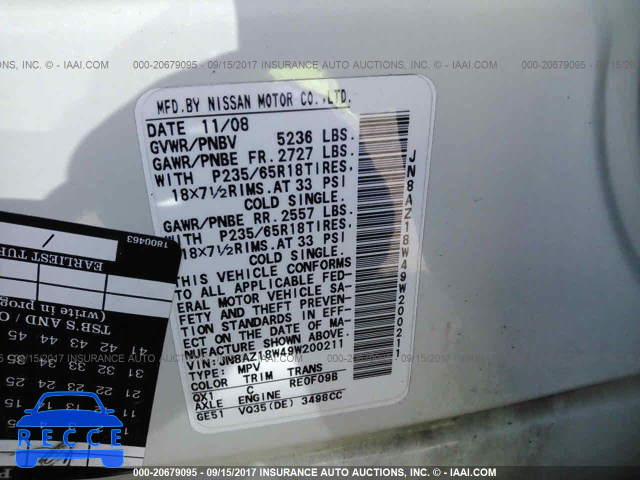 2009 NISSAN MURANO JN8AZ18W49W200211 зображення 8