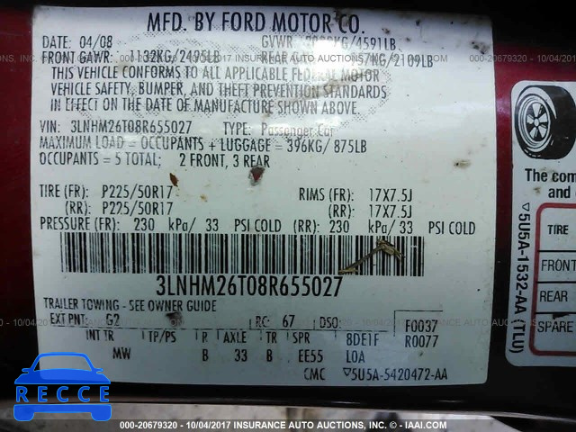 2008 Lincoln MKZ 3LNHM26T08R655027 Bild 8