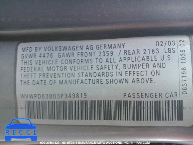 2003 Volkswagen Passat GLS WVWPD63B03P349819 image 8