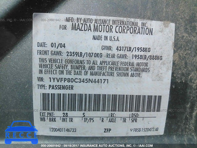 2004 Mazda 6 I 1YVFP80C345N44171 зображення 8