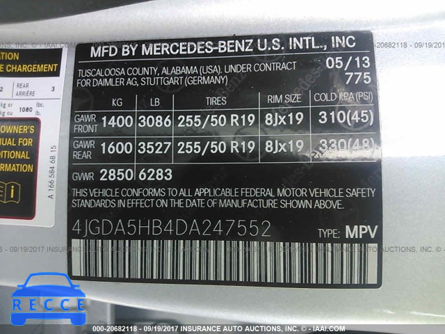 2013 Mercedes-benz ML 4JGDA5HB4DA247552 зображення 8