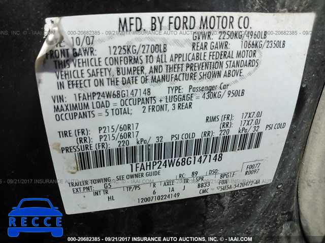 2008 Ford Taurus 1FAHP24W68G147148 image 8