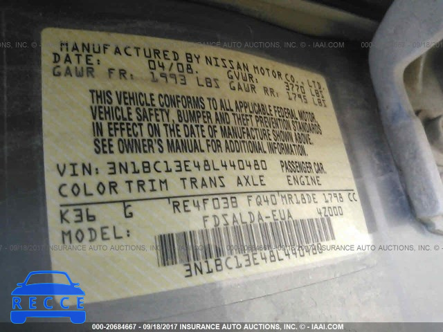 2008 Nissan Versa S/SL 3N1BC13E48L440480 image 8