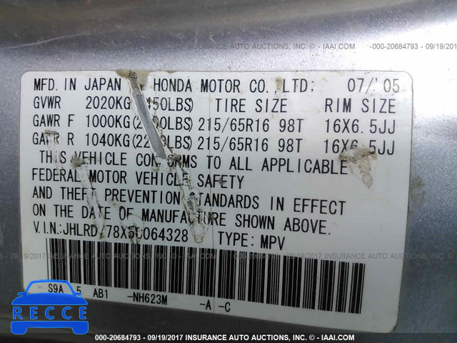 2005 Honda CR-V JHLRD778X5C064328 image 8