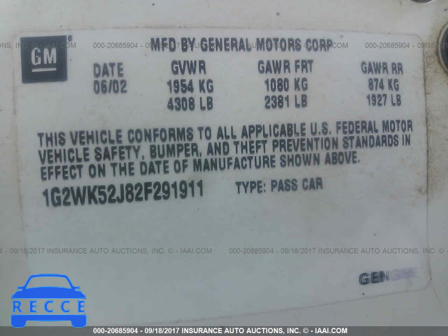2002 PONTIAC GRAND PRIX SE 1G2WK52J82F291911 image 8
