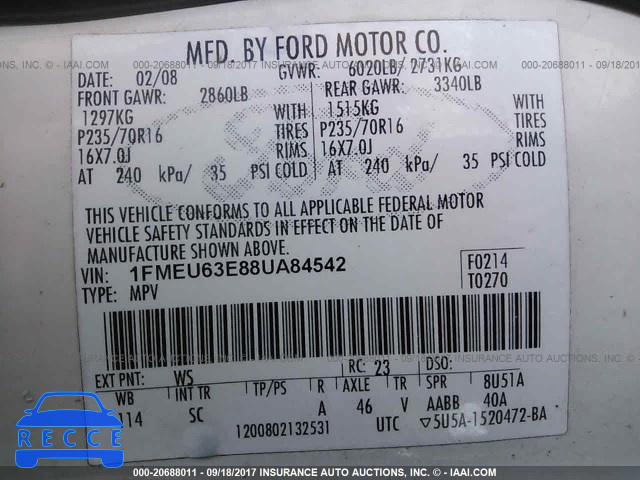 2008 Ford Explorer XLT 1FMEU63E88UA84542 Bild 8