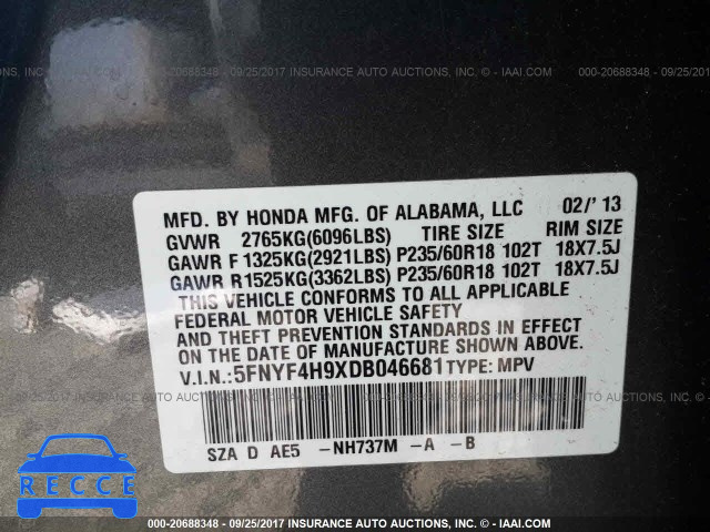 2013 Honda Pilot 5FNYF4H9XDB046681 image 8