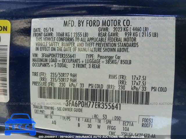 2014 Ford Fusion 3FA6P0H77ER355641 зображення 8