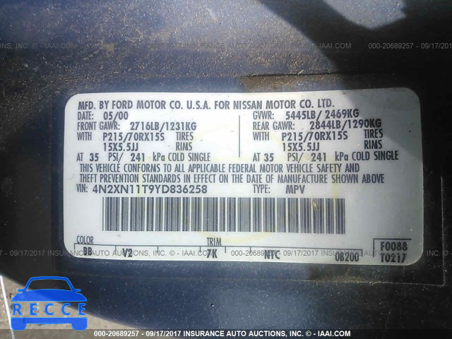 2000 NISSAN QUEST 4N2XN11T9YD836258 image 8