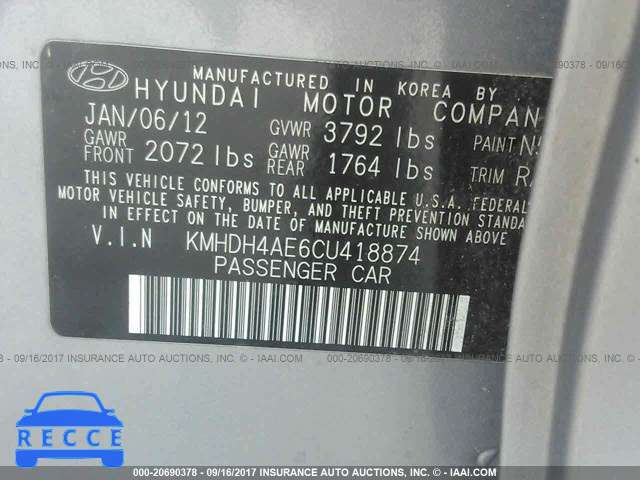 2012 Hyundai Elantra KMHDH4AE6CU418874 зображення 8