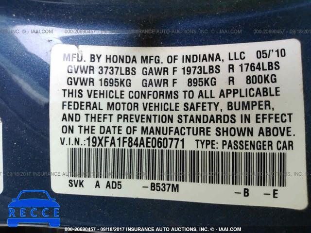 2010 Honda Civic 19XFA1F84AE060771 зображення 8