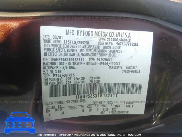 2001 Ford Taurus 1FAHP56SX1G187511 image 8