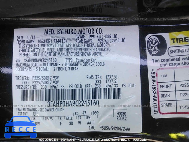 2012 Ford Fusion 3FAHP0HA9CR245160 image 8