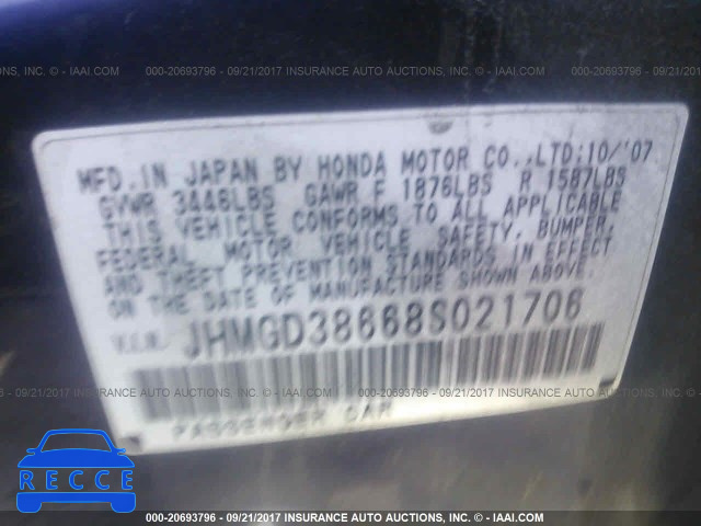 2008 Honda FIT JHMGD38668S021706 image 8