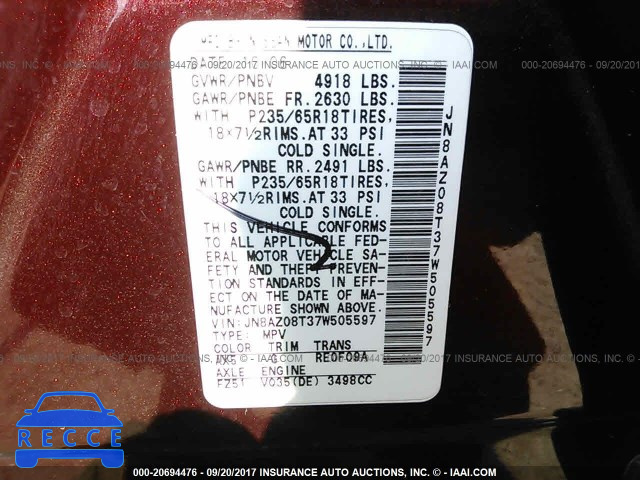 2007 Nissan Murano JN8AZ08T37W505597 image 8