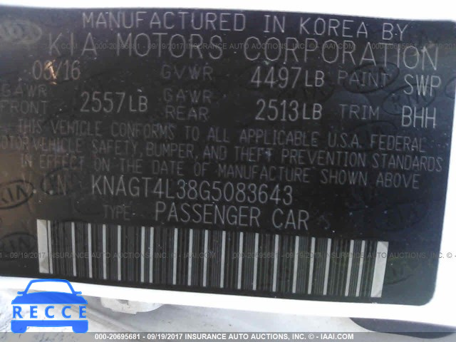 2016 KIA OPTIMA LX KNAGT4L38G5083643 image 8