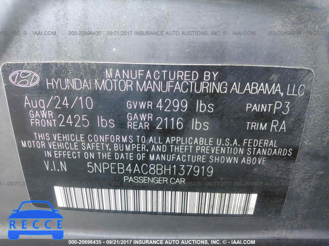 2011 Hyundai Sonata GLS 5NPEB4AC8BH137919 зображення 8