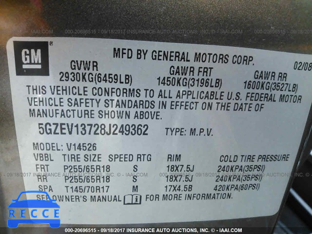 2008 Saturn Outlook XE 5GZEV13728J249362 image 8