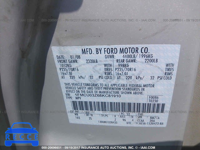 2008 Ford Escape 1FMCU03Z68KC81910 image 8