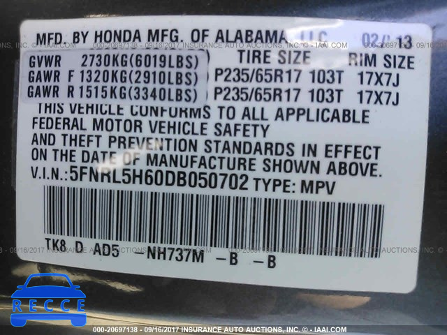 2013 Honda Odyssey EXL 5FNRL5H60DB050702 image 8