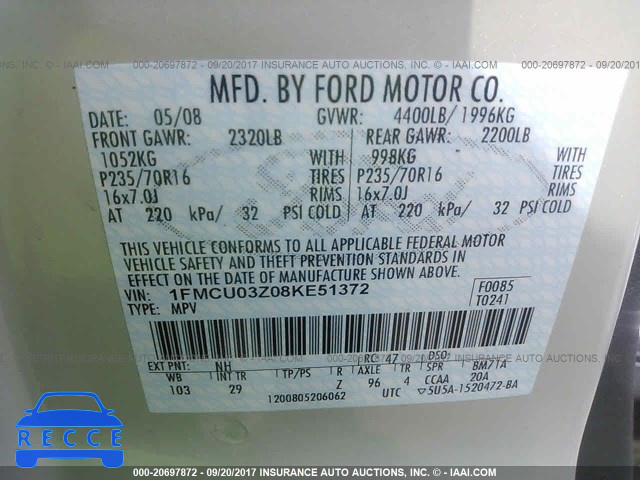 2008 Ford Escape 1FMCU03Z08KE51372 зображення 8