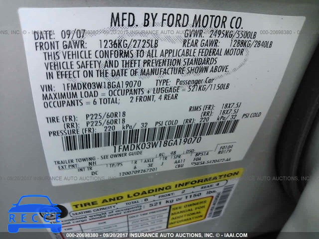 2008 Ford Taurus X LIMITED 1FMDK03W18GA19070 image 8